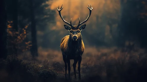 Majestic stag standing in moody backlit forest scene.