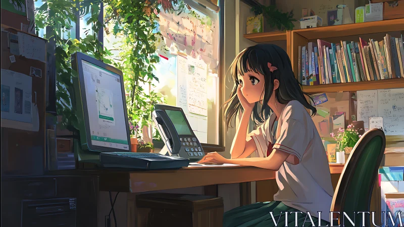 Sunlit anime study desk with student and digital workspace.
