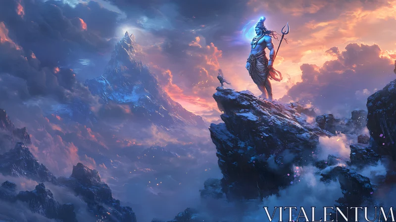 Mountain deity overlooks storm-lit Himalayan skyline.