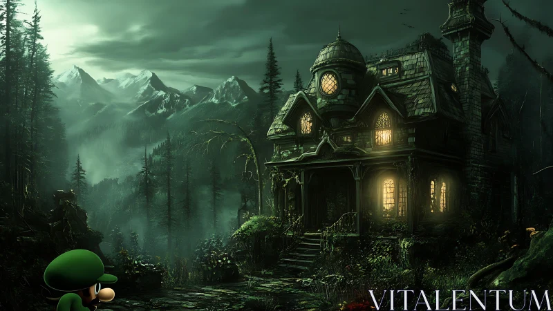 Moonlit forest mansion lures a timid green explorer closer