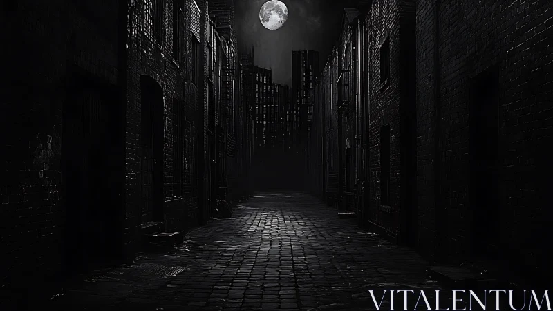 Moonlit city alley where shadows quietly tell stories.