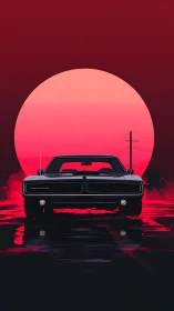Retro muscle car silhouette against oversized neon sun disc