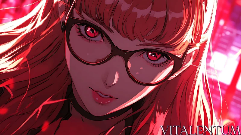 Red lit anime hacker girl stares forward with sharp focus