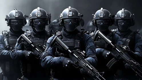 Heavily armed tactical squad lined in dark combat gear.