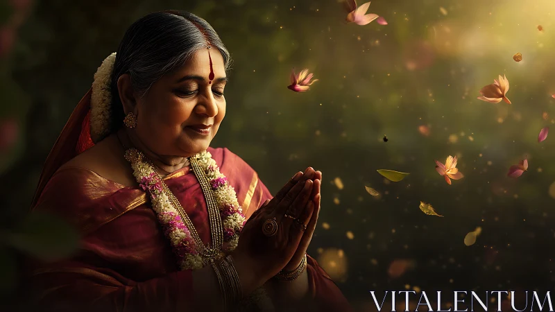 Elderly Indian woman in traditional attire praying, warm golden light.