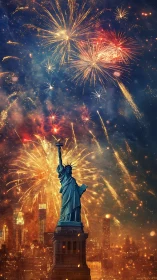 Liberty under festival skies and golden city fireworks.