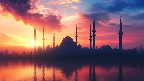 Silhouette of domed mosque and minarets at reflective sunset.