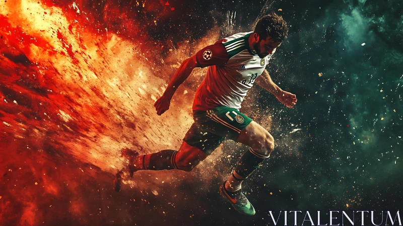 Soccer forward sprints through explosive fiery dust field.