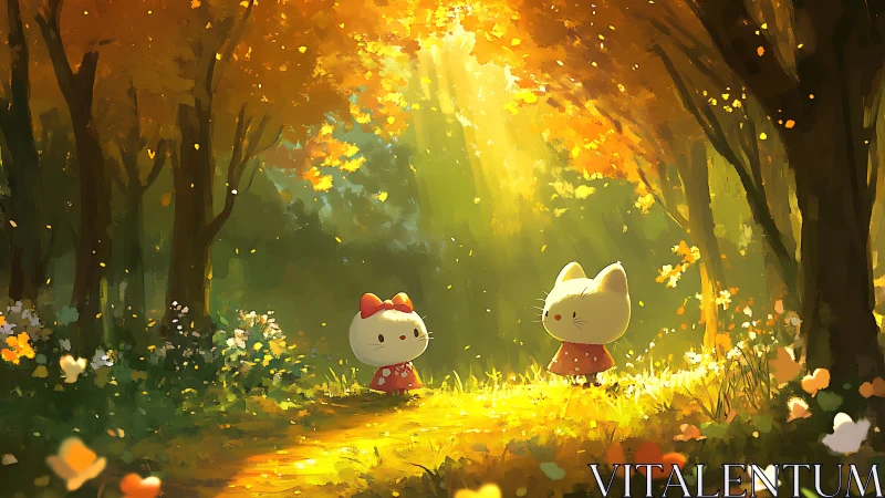 Autumn forest glade with two cartoon cats in dappled light
