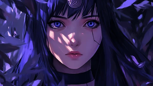 Enigmatic violet-eyed girl gazes through shadowed moonlit leaves