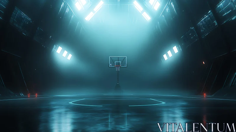 Futuristic basketball court under cinematic teal volumetric light.
