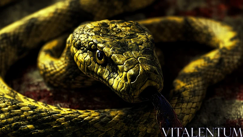 Macro closeup of coiled yellow snake with extended forked tongue