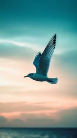 Seagull in lateral flight over calm sea at pastel sunset sky.