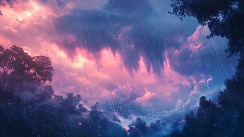 Iridescent stormcloud vista over bioluminescent forest canopy.