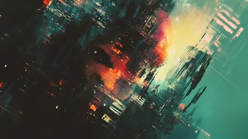 Neon cityscape shards collide with glowing digital horizon.