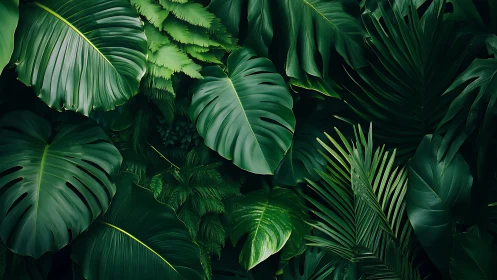 Dense tropical foliage with layered glossy green leaves.