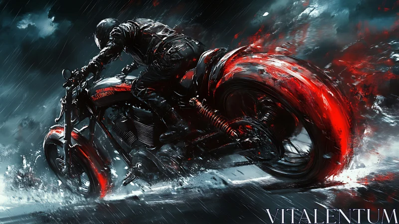 Midnight rider powers crimson-lit motorcycle through storm