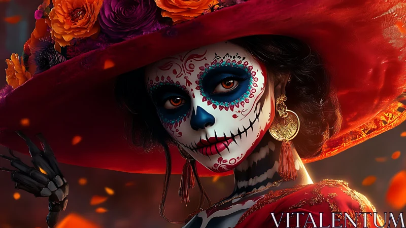 Dia de Muertos figure with calavera makeup and red hat.