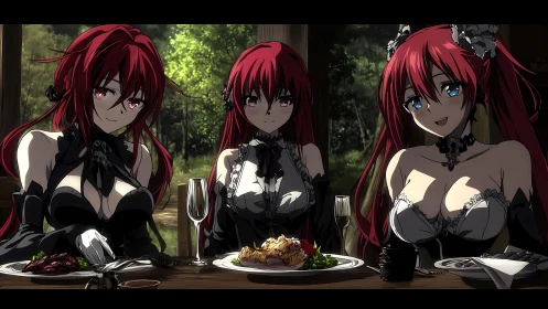 Elegant anime trio in gothic dresses dine at sunlit terrace