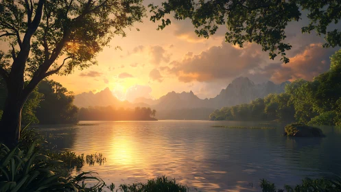 Sunset paints a quiet forest lake in molten honeyed light