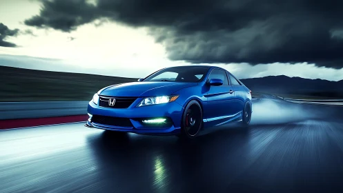 Midnight blue sports coupe slices through storm-lit racetrack.