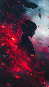 Silhouetted figure dissolves into abstract crimson energy.