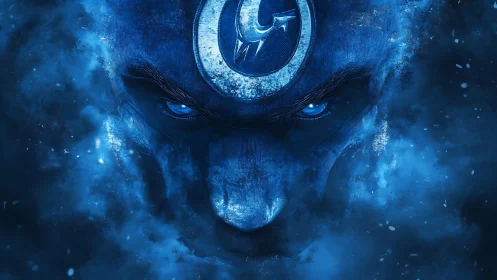 Glacial-eyed guardian rises from swirling cosmic frost mist