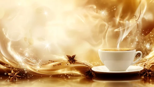 Golden coffee steam swirls around glowing aromatic spices.