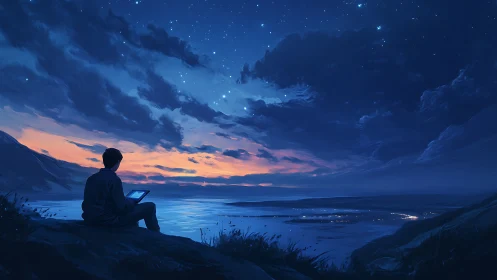 Solitary digital observer under twilight coastal starfield