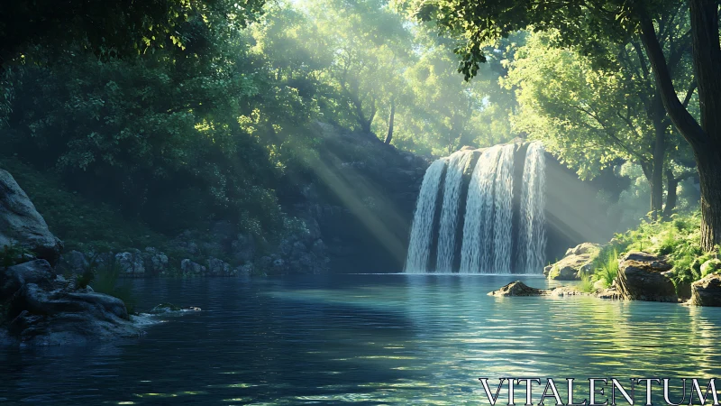 Sunlit forest waterfall over tranquil emerald pool.