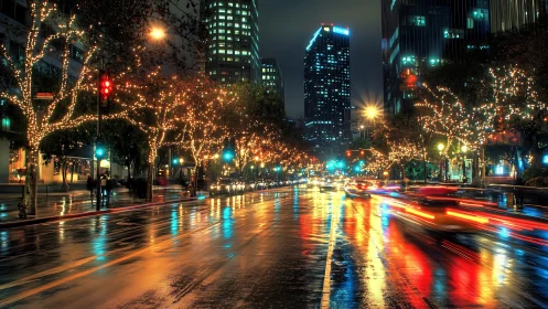 Glistening city boulevard glows with colorful night reflections