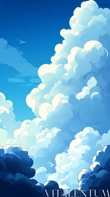 Billowing summer clouds rise into a brilliant azure sky