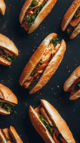 Grilled chicken sandwiches arranged diagonally on dark surface