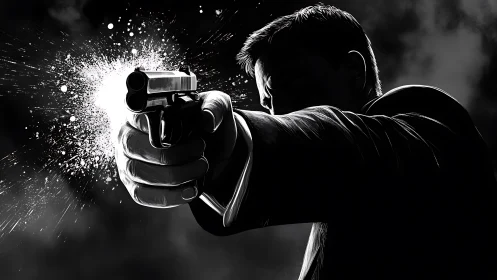 Monochrome suited gunman firing handgun in high contrast.