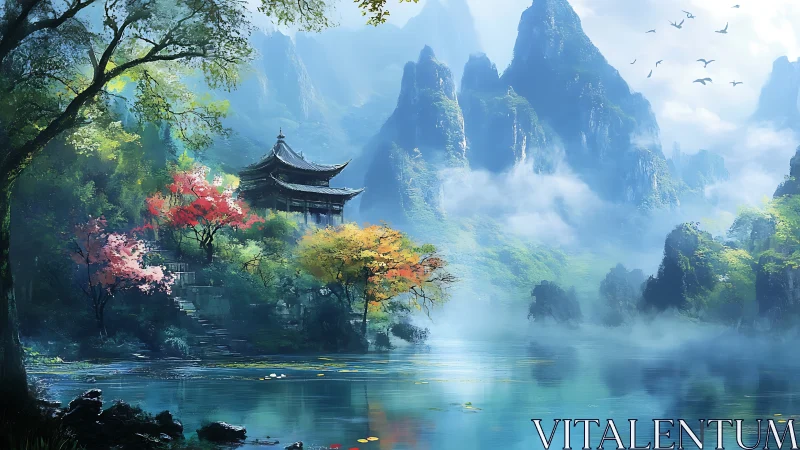 Mist-shrouded lakeside pavilion amid karst mountains at dawn