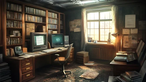 Dim study with dual CRT workstations and wall shelving units.