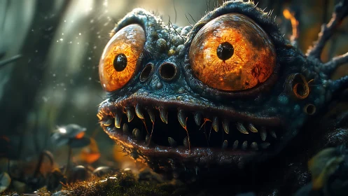 Wide-Eyed Forest Monster With Glowing Golden Gaze.
