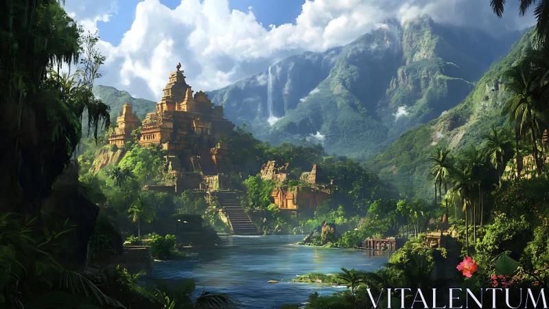 Sunlit jungle temple city beside a shimmering river escape.