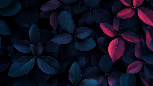Moody foliage contrasts with neon red leaves in darkness