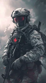 Armored combat medic in stormlit battlefield haze.
