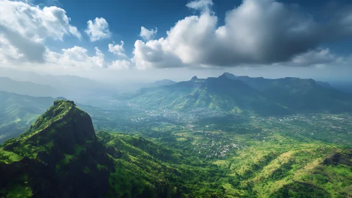 Wide aerial view of green mountain range under clouds.