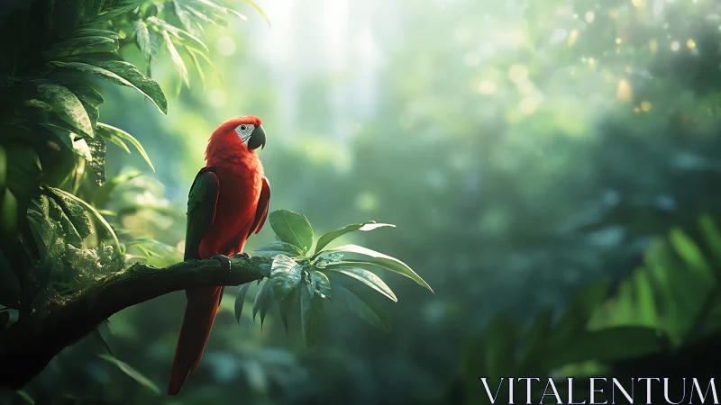 Scarlet macaw on dewy rainforest branch in volumetric light.