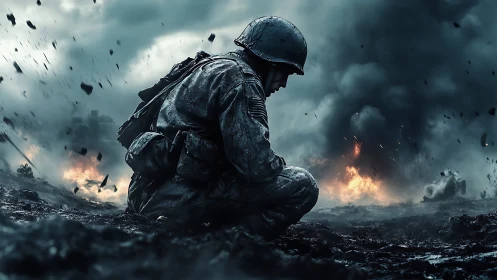 Solitary soldier kneeling amid erupting battlefield chaos.
