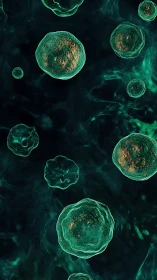 Microscopic green cellular structures on dark fluid background.