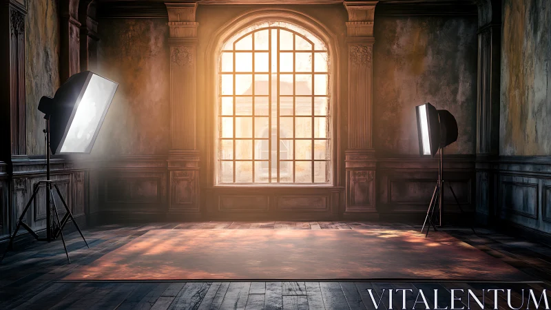 Warm sunlight fills a vintage photo studio with quiet charm