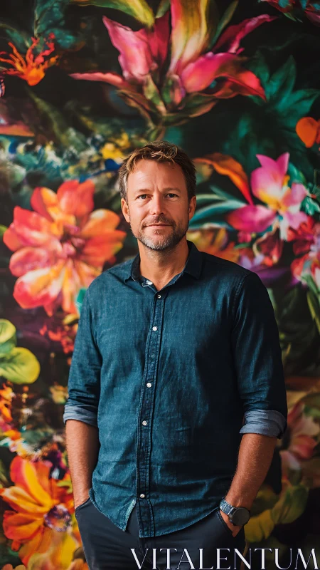 Relaxed portrait against vibrant blooming floral mural.
