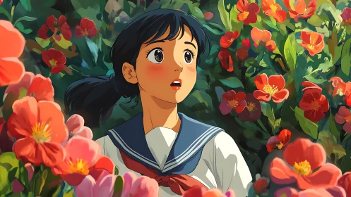 Surprised schoolgirl stands amid vivid red flower garden