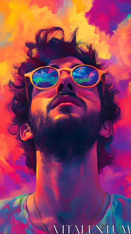 Vibrant low-angle portrait renders neon-tinted reflective eyewear
