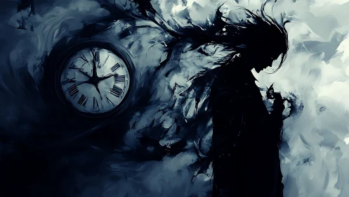 Dark silhouette with clock in swirling abstract scene.