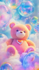 Daydreaming teddy drifts through iridescent bubble clouds.